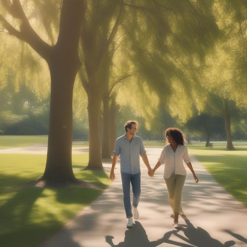 A couple walking hand in hand in a park