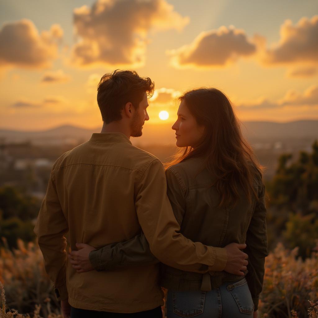 Couple embracing with a heart-shaped sunset in the background