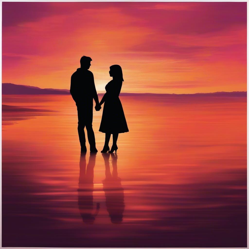 Couple watching sunset, embracing romantic love