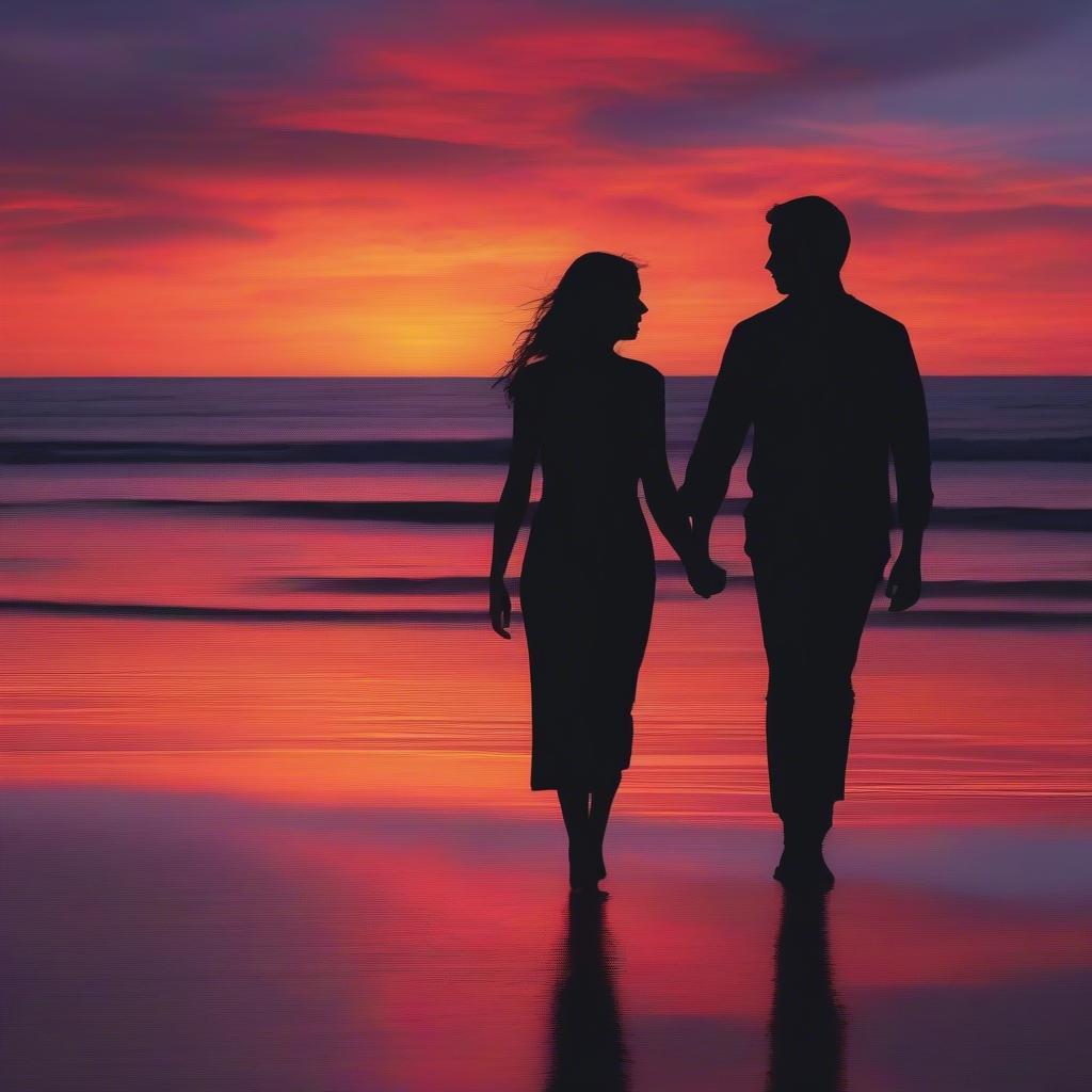 Couple silhouetted against a sunset on the beach, symbolizing the romantic ideal often found in strong love quotes.