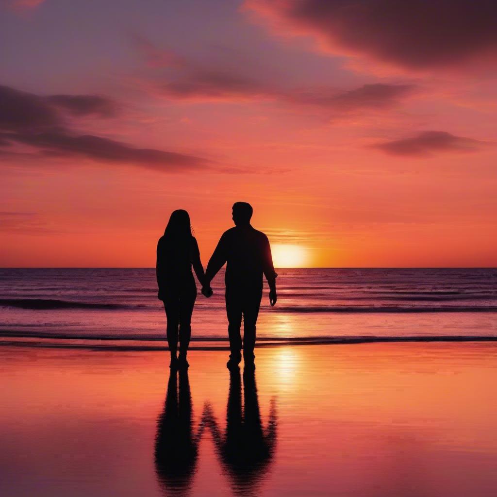 Silhouette of a couple holding hands at sunset, symbolizing love and togetherness on their best day.