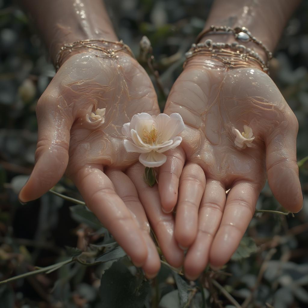 Close-up of a man holding his girlfriend's hand, with a delicate flower tucked between their fingers.