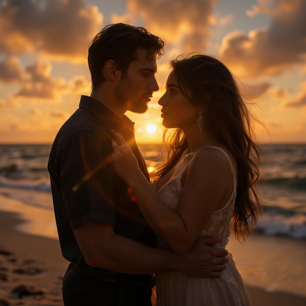 Couple embracing on a beach at sunset