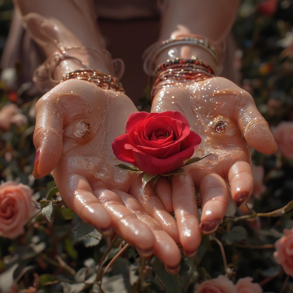 Romantic One Liners for Her: A close-up image of a woman's hand with a delicate ring on her finger, a single red rose resting gently on her palm.