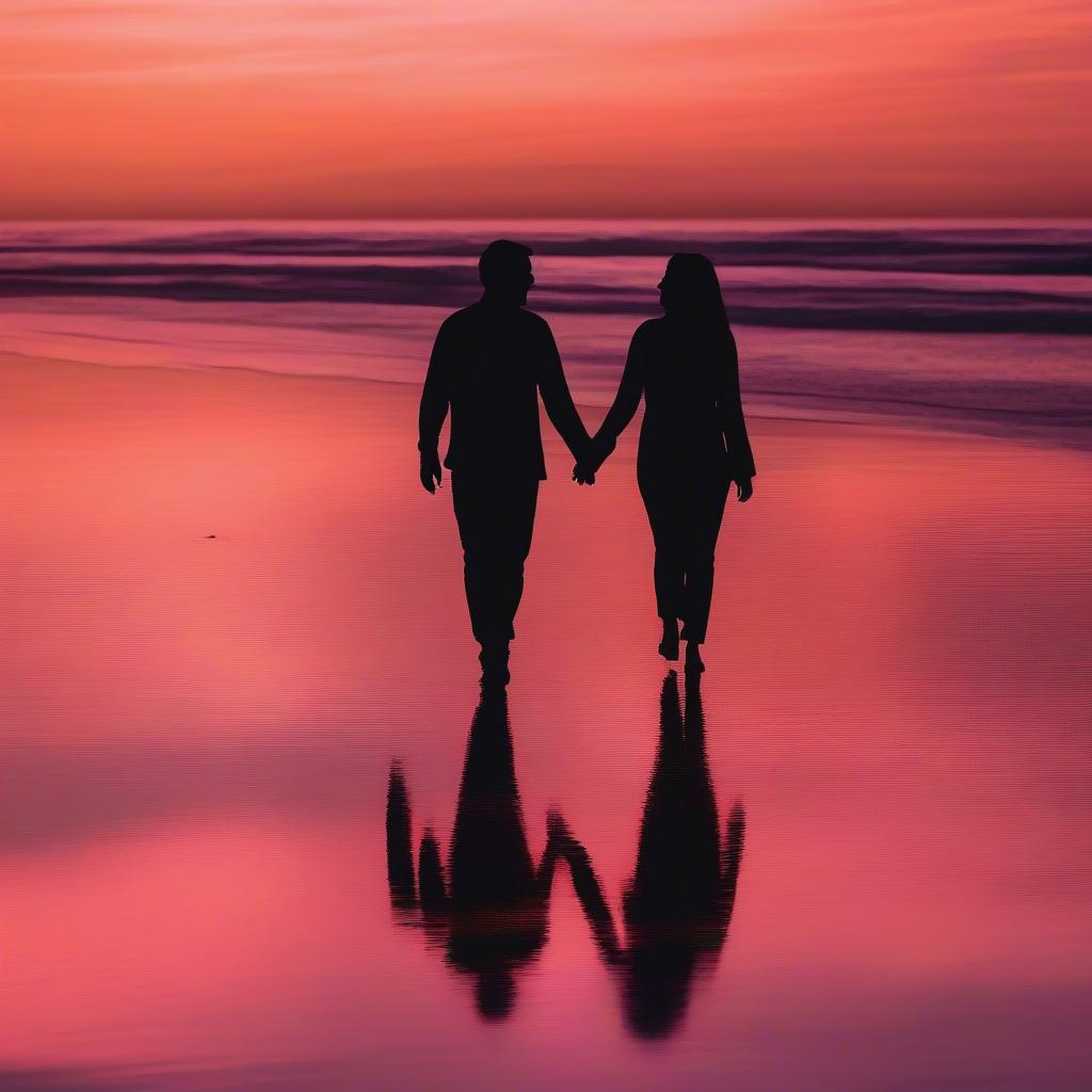 Silhouette of a couple on a beach at sunset with a love quote