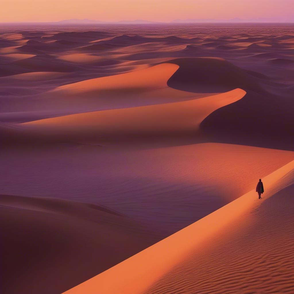 A lone figure walking through the desert towards a distant light, symbolizing the spiritual journey inspired by Rumi's quotes