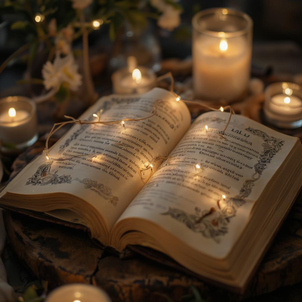 Open book of Rumi poetry with candles