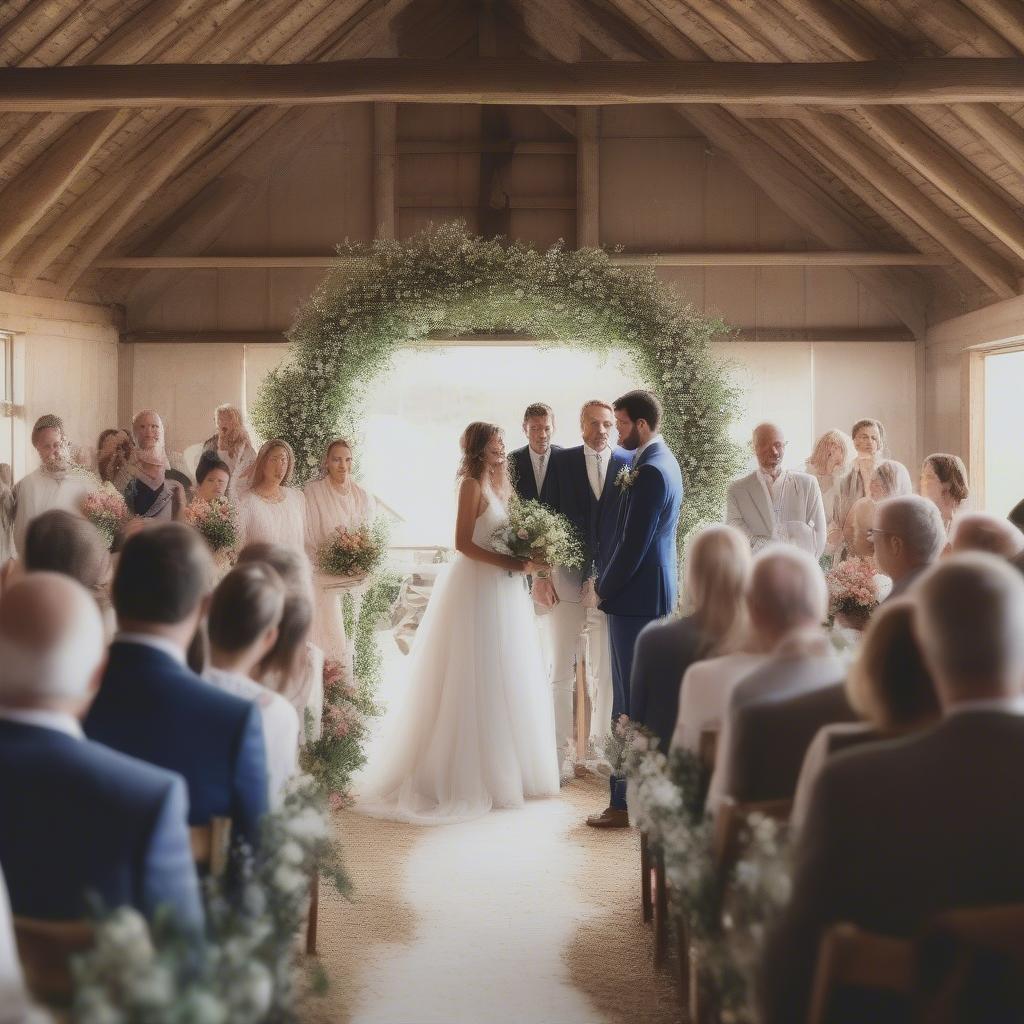 Couple getting married in a rustic barn