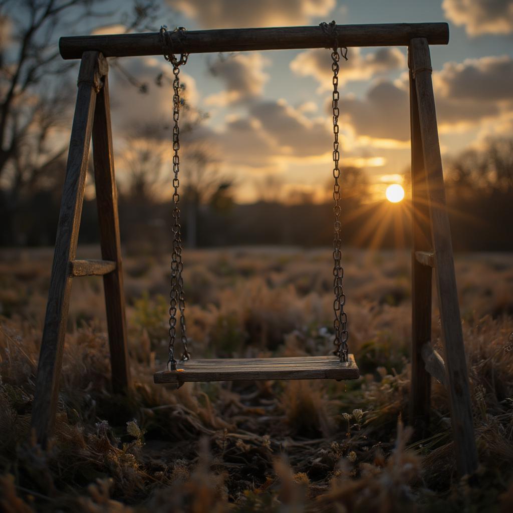 Sad Love Aesthetic Quote: An empty swing set against a backdrop of a setting sun, evoking feelings of loneliness and lost connection.