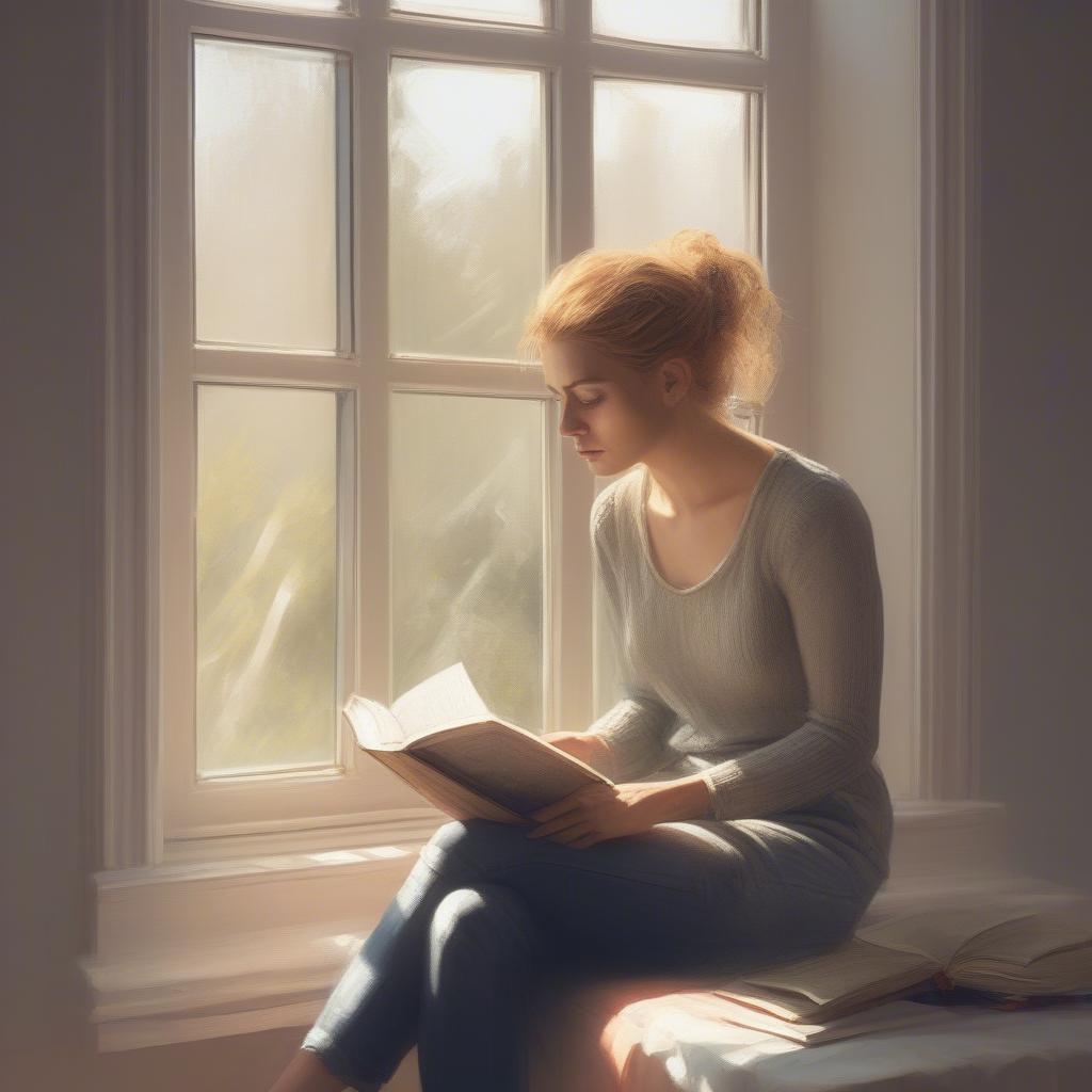 Woman reading sad love poem books