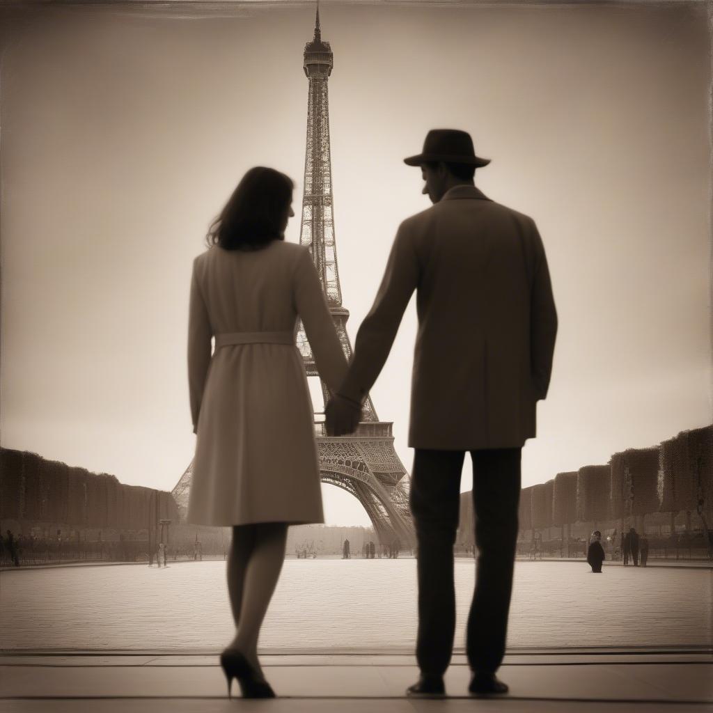 A couple holding hands while looking at the Eiffel Tower, whispering "Je t'aime"