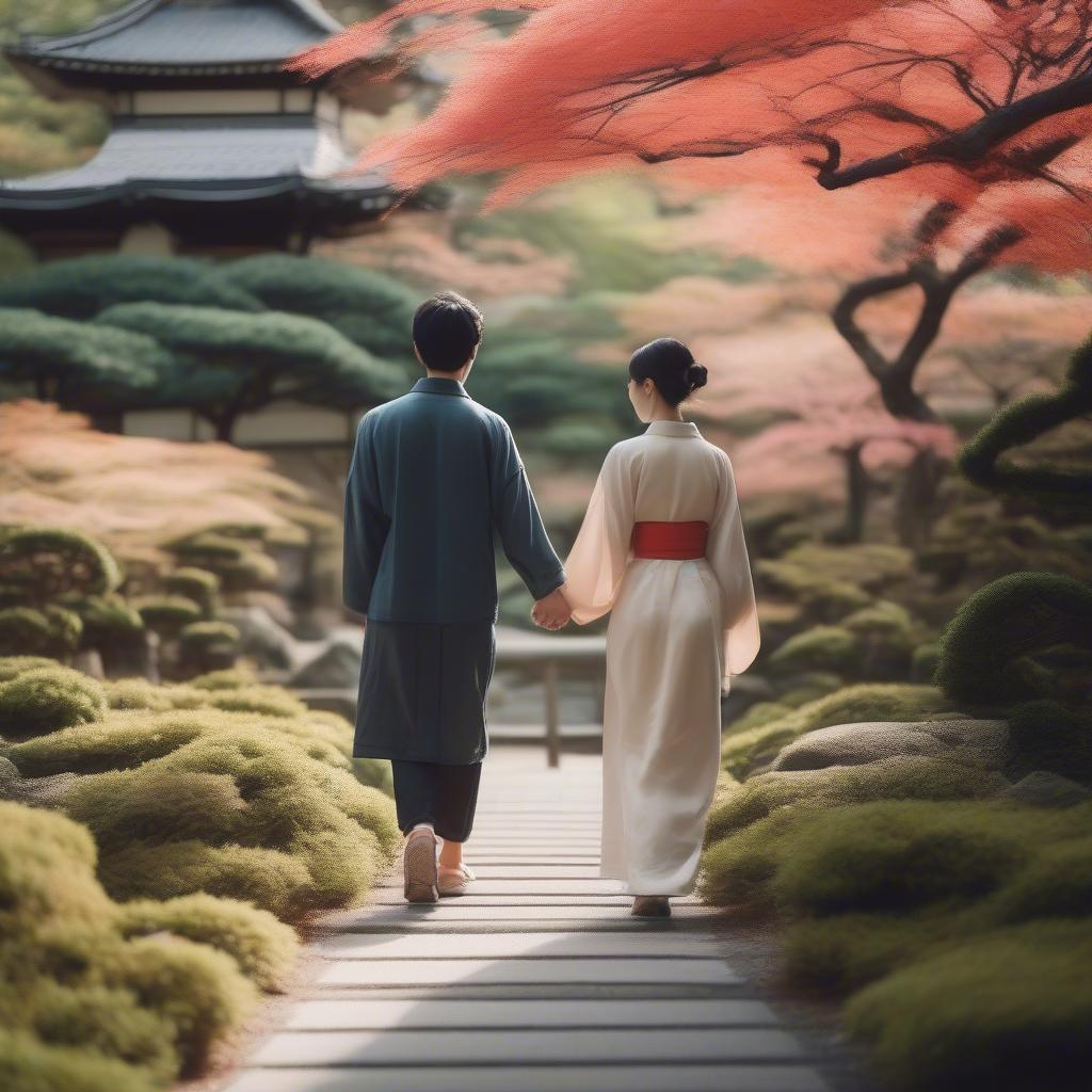 A couple holding hands in a traditional Japanese garden