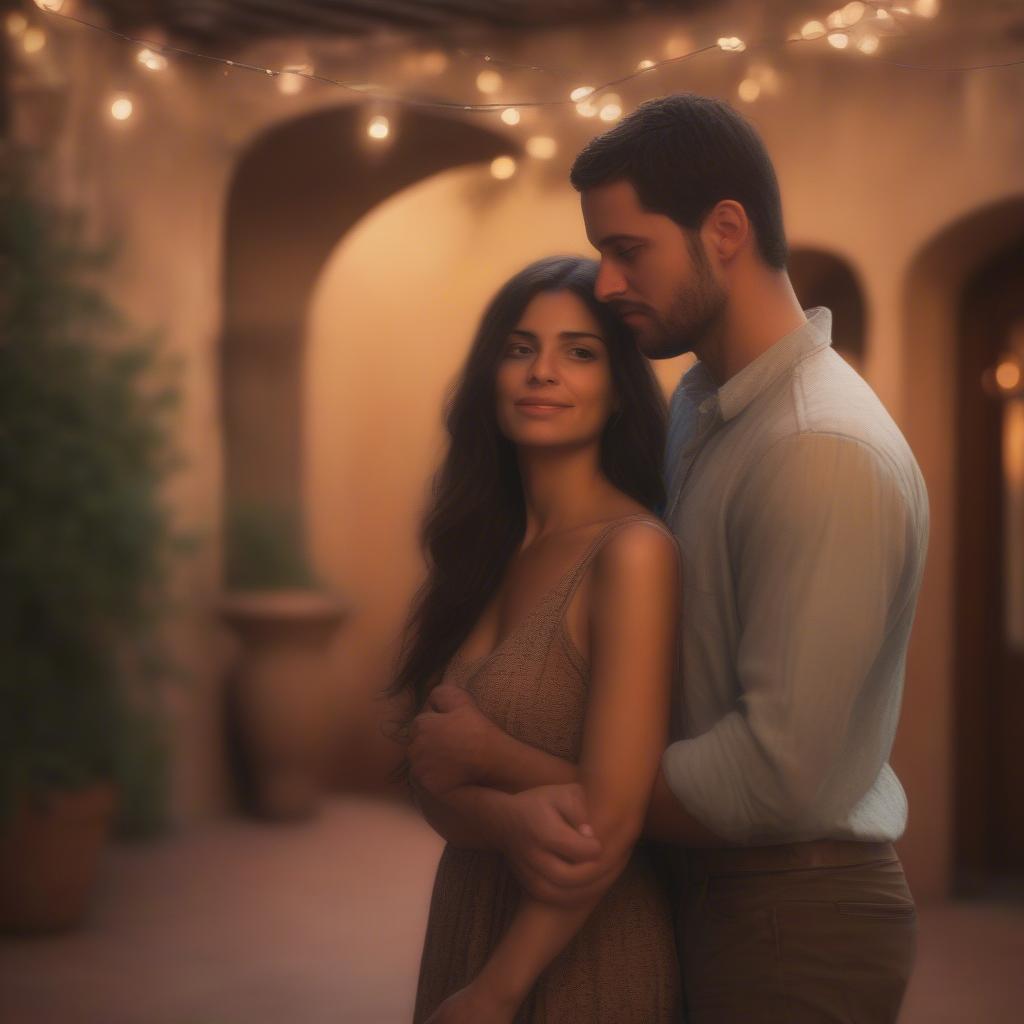 Couple embracing and saying "Te amo" in a romantic setting