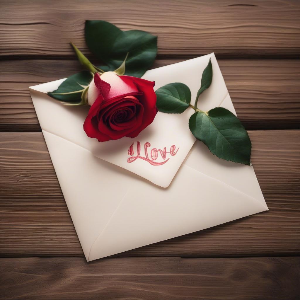 A sealed love letter adorned with a single red rose.