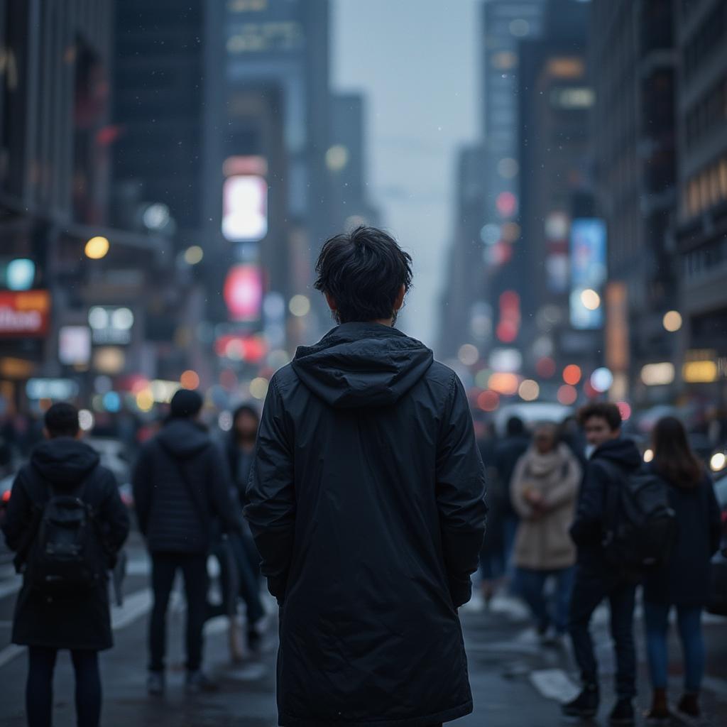 Silhouette of a person looking out over a blurry city skyline, feeling lost in the crowd