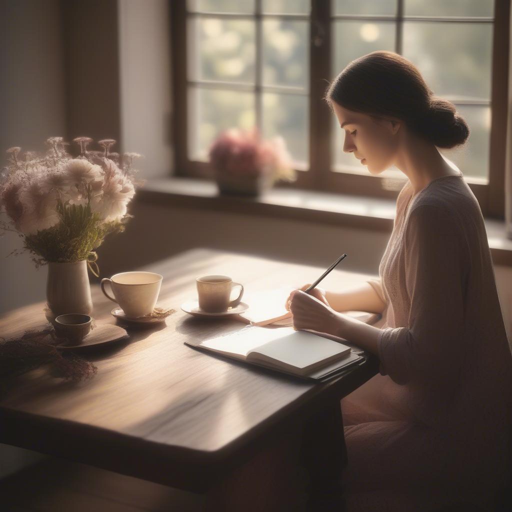 Woman writing in a journal, symbolizing the process of expressing feelings through writing