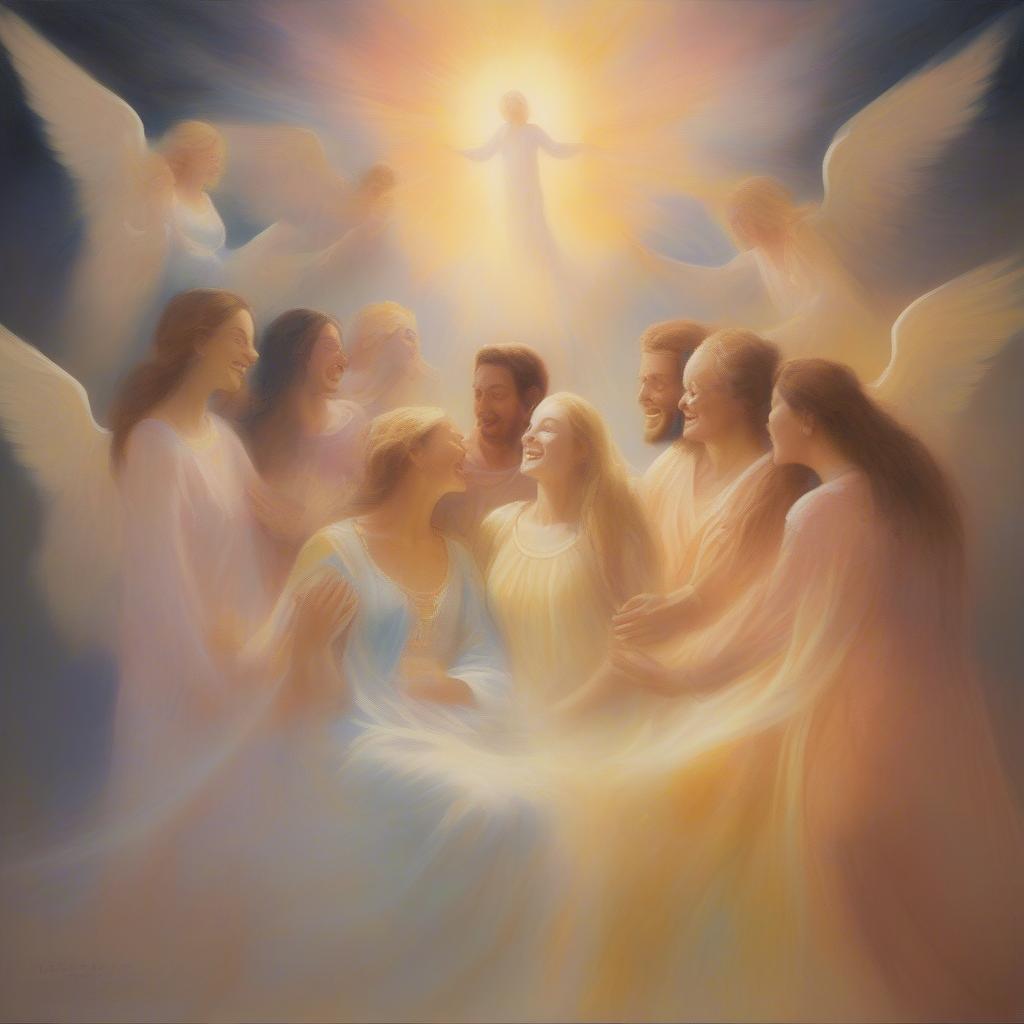 A heartwarming depiction of a reunion in heaven between loved ones, bathed in celestial light.