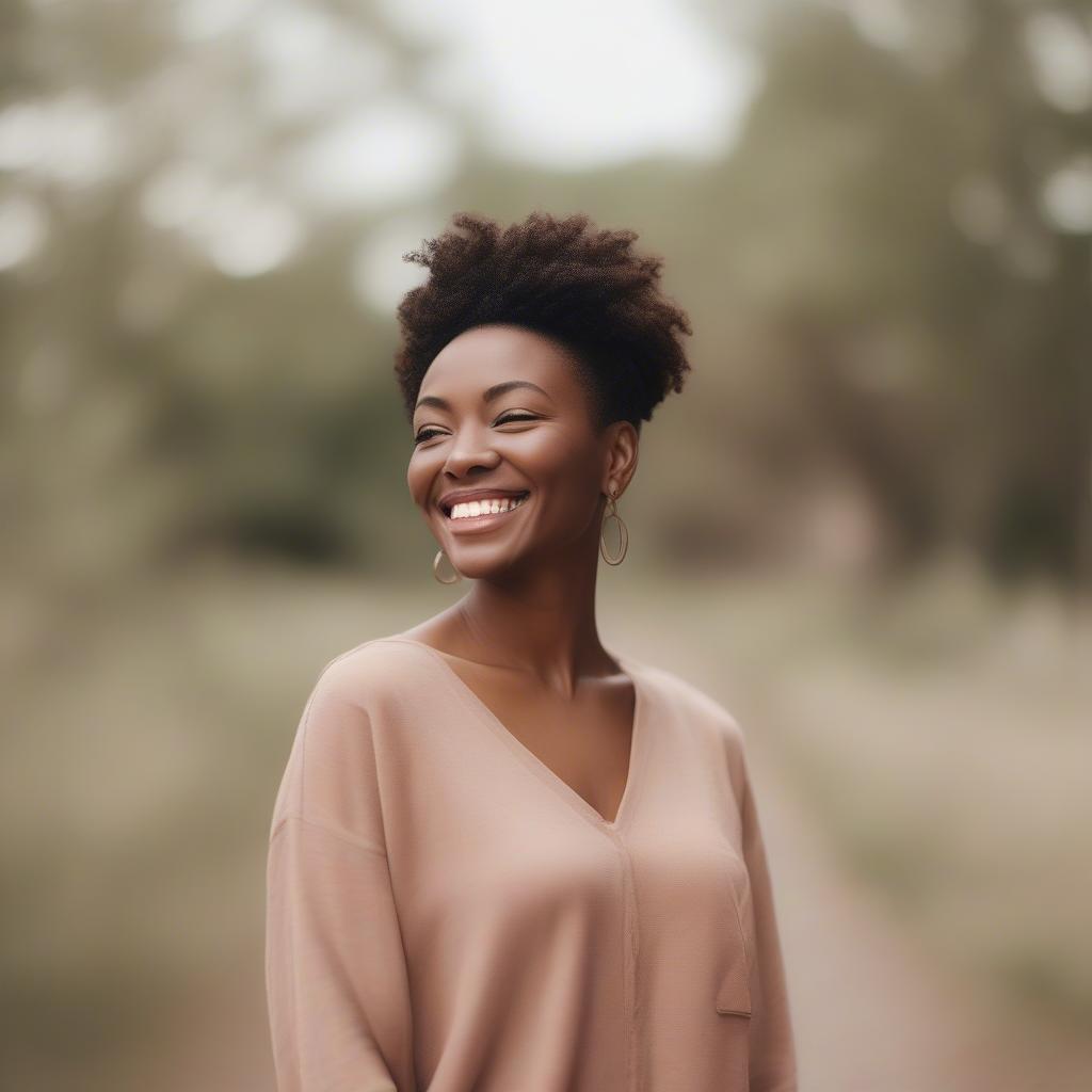 Woman smiling confidently, radiating self-love and acceptance.