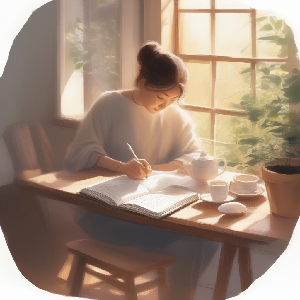 Person journaling with a cup of tea