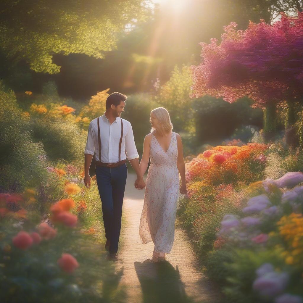 Couple walking hand-in-hand through a vibrant September garden