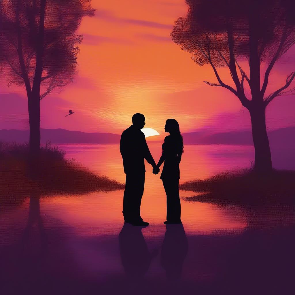 Silhouette of a couple holding hands against a vibrant September sunset