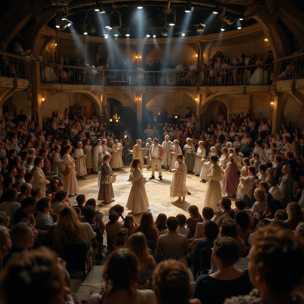 A performance of a Shakespearean play at the Globe Theater, bringing his words to life.