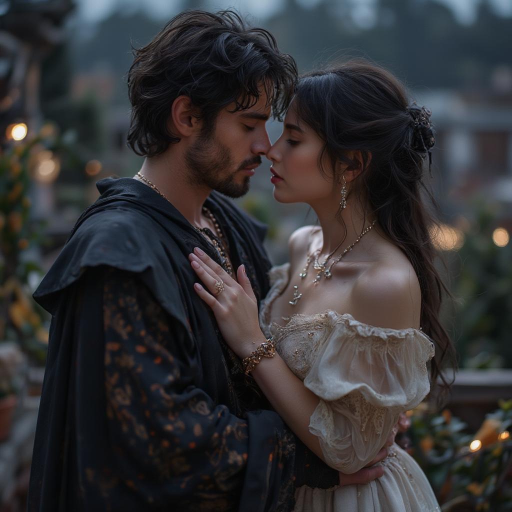 Romeo and Juliet embracing, showcasing a classic image of Shakespearean love.