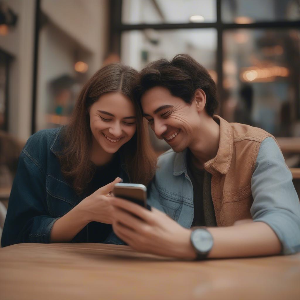 Couple sharing funny love quotes on their phones, smiling at each other