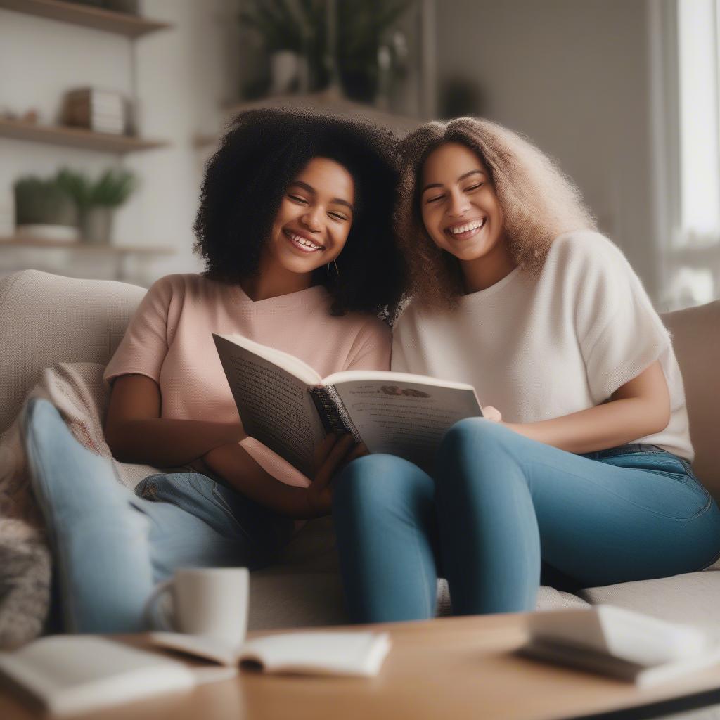 Sharing love quotes: Two friends reading a book of quotes together.