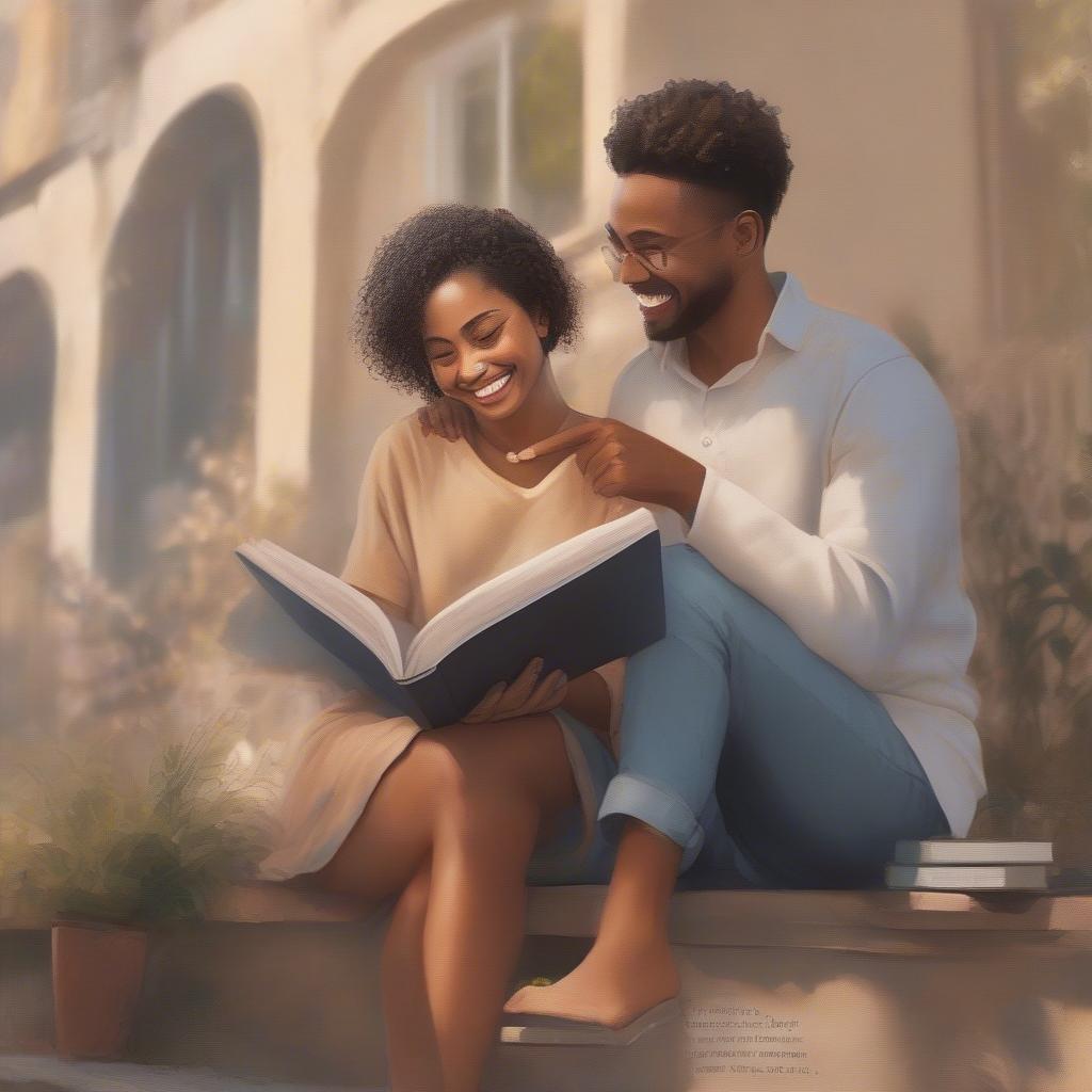 Couple reading a book together, with one pointing at a love quote, enjoying a quiet moment of connection.