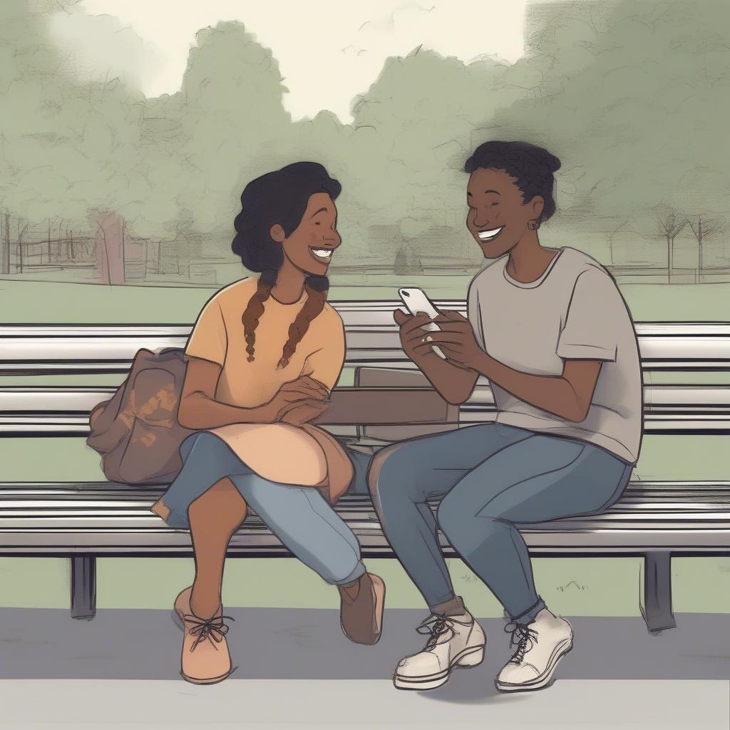 Two friends sitting on a park bench, talking and laughing