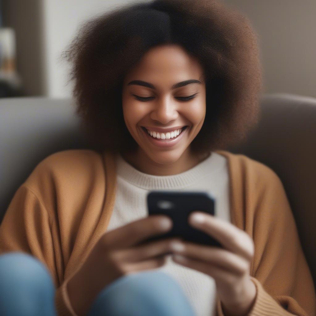 Short & Sweet: A woman smiling while reading a text message.