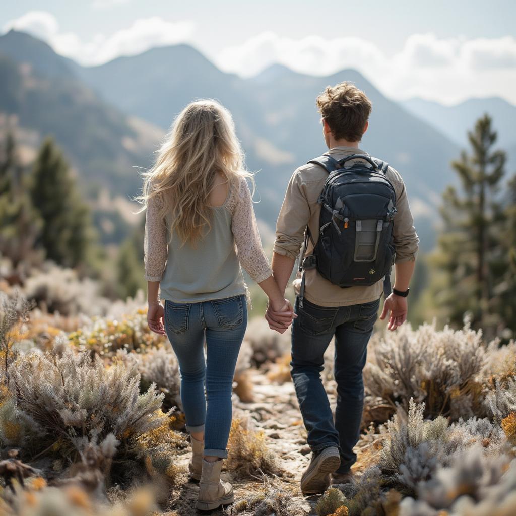 A happy couple hiking together on a mountain trail, holding hands and enjoying the scenic view.