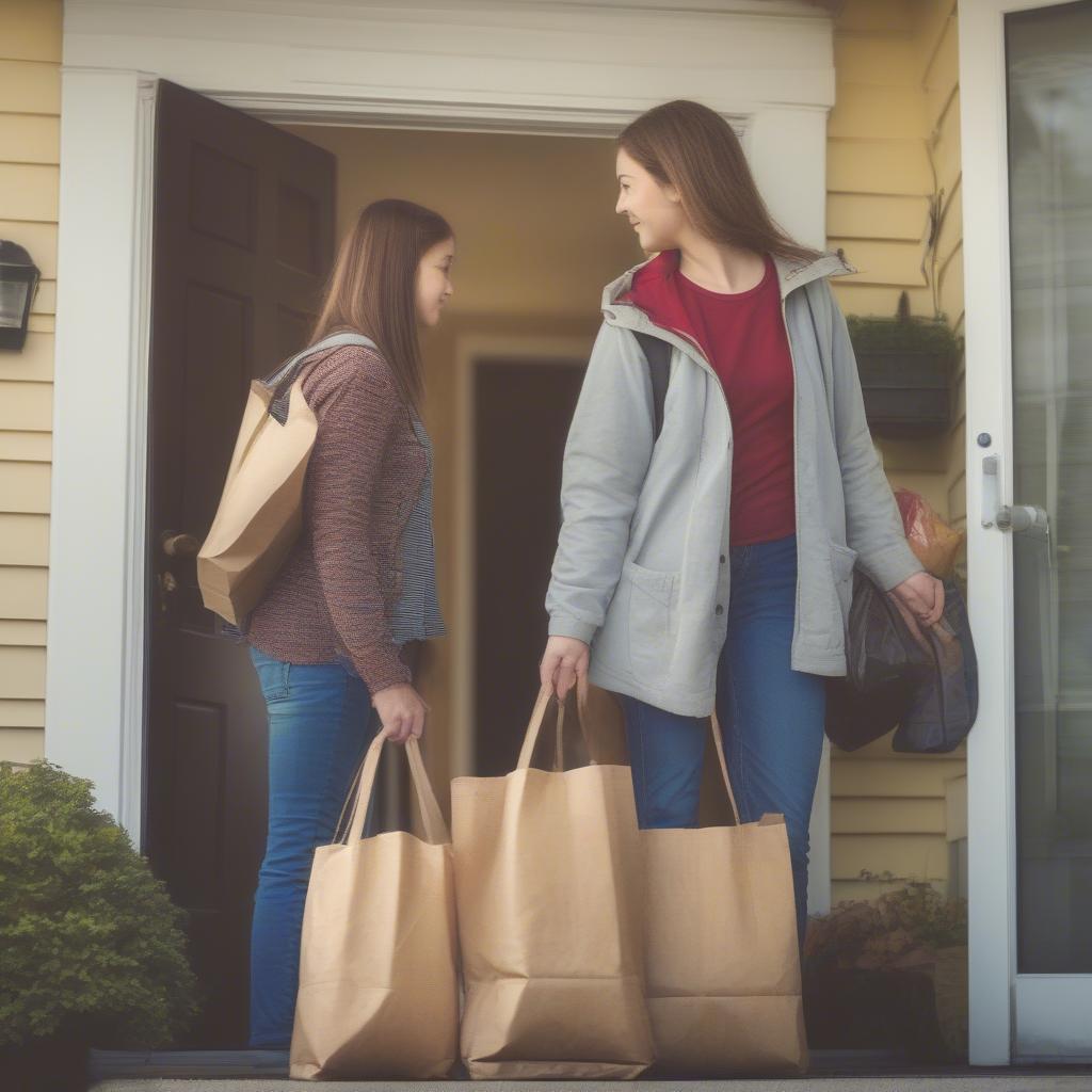 A young person helping their mother with grocery bags