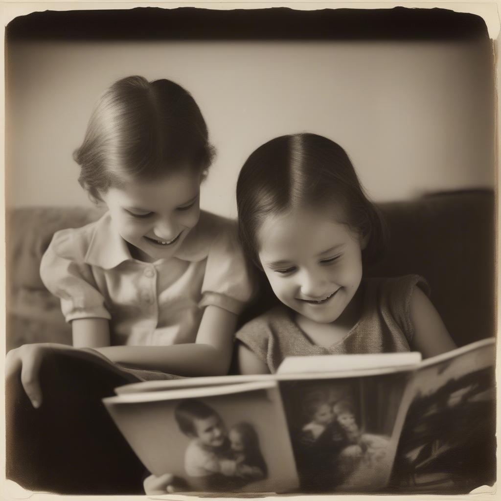 Two siblings laughing together, reminiscing over childhood memories.