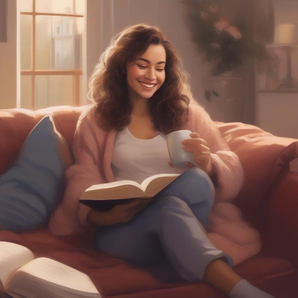 A woman smiling while holding a glass of wine and reading a book on her couch