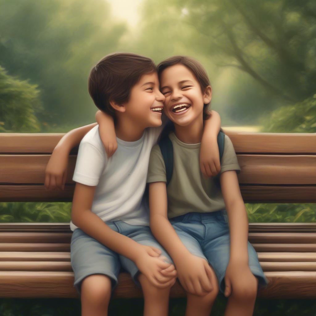 Sister and brother laughing together while sitting on a park bench.