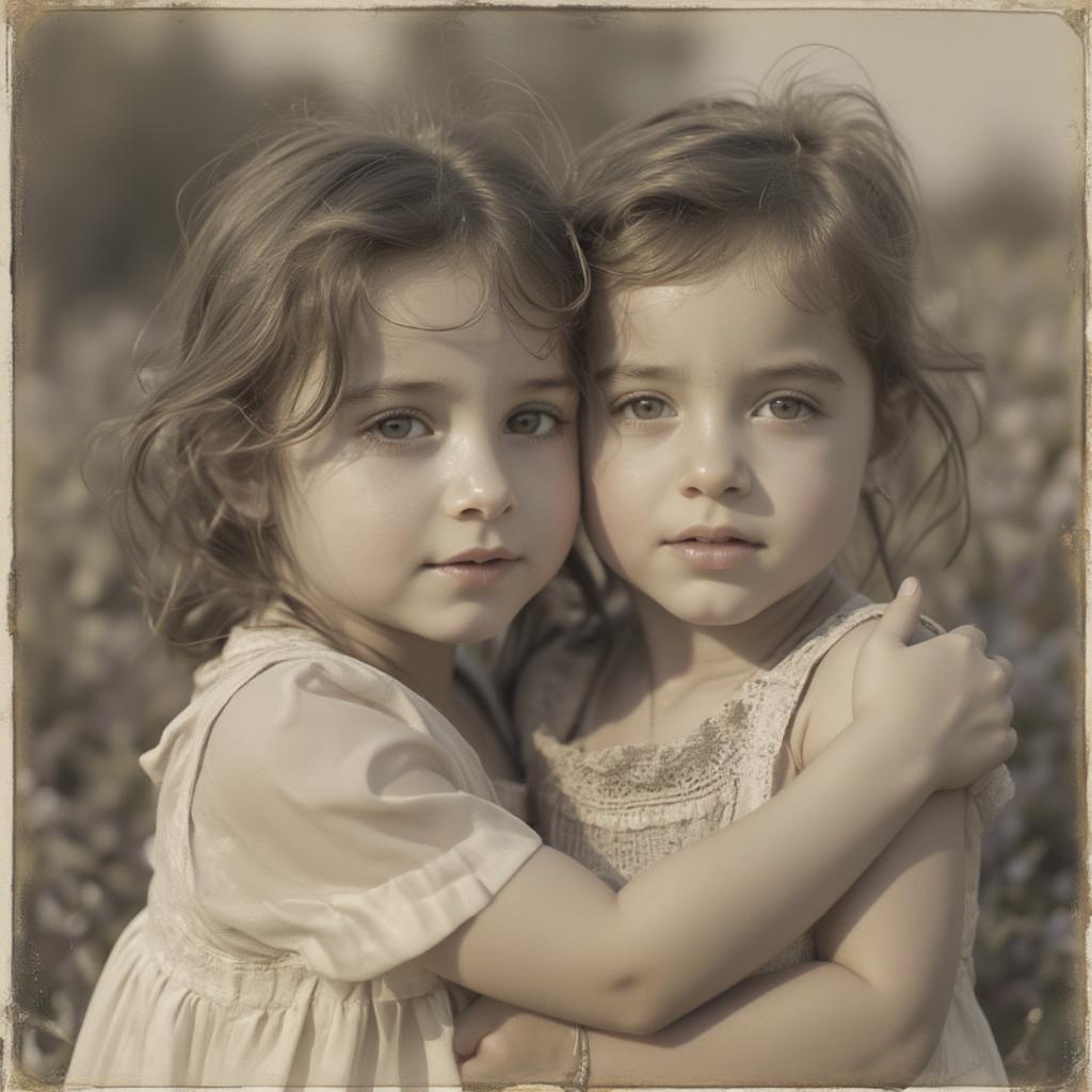 Sister and brother hugging in a childhood photo