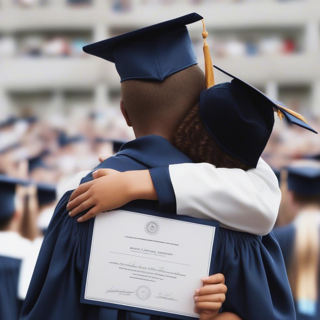 Sister hugging brother at his graduation ceremony.