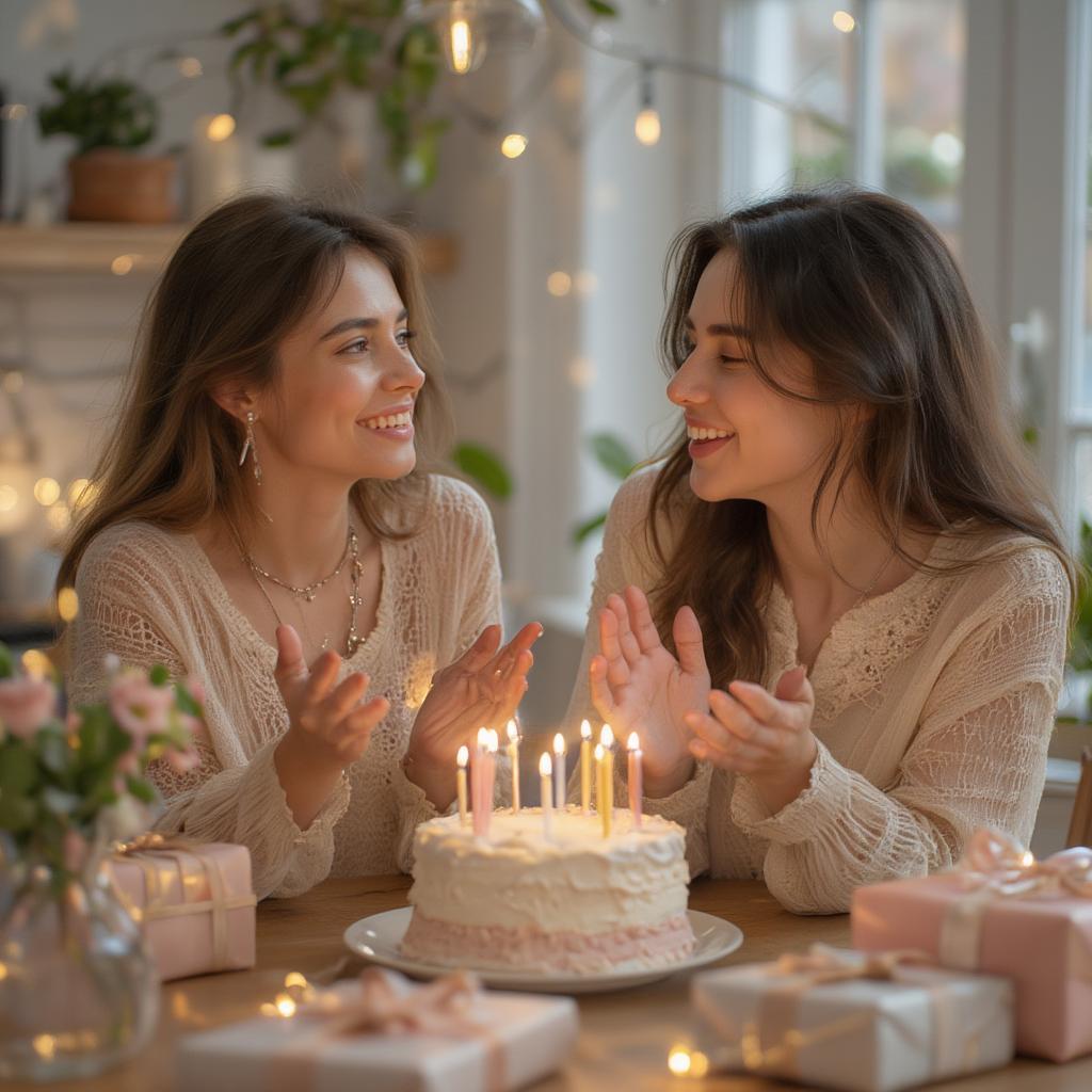 Sisters celebrating together with gifts and cake.