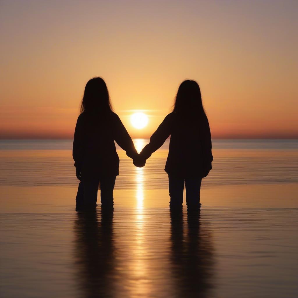 Two sisters holding hands, silhouetted against a sunset