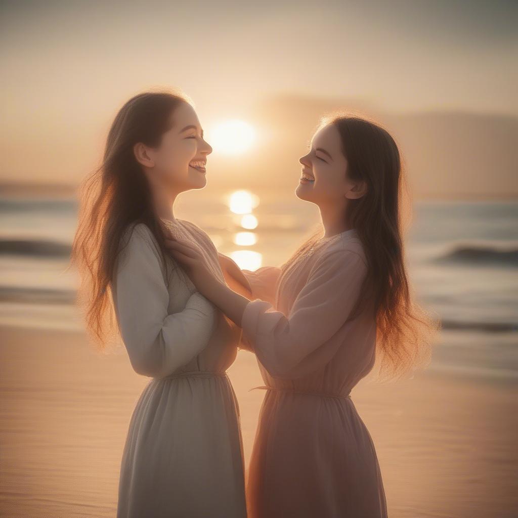 Two sisters hugging on a beach, showcasing a strong bond