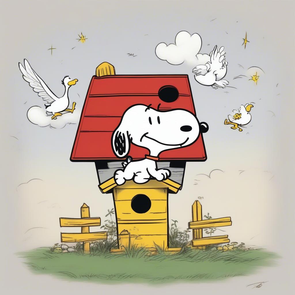 Snoopy and Woodstock flying on his doghouse