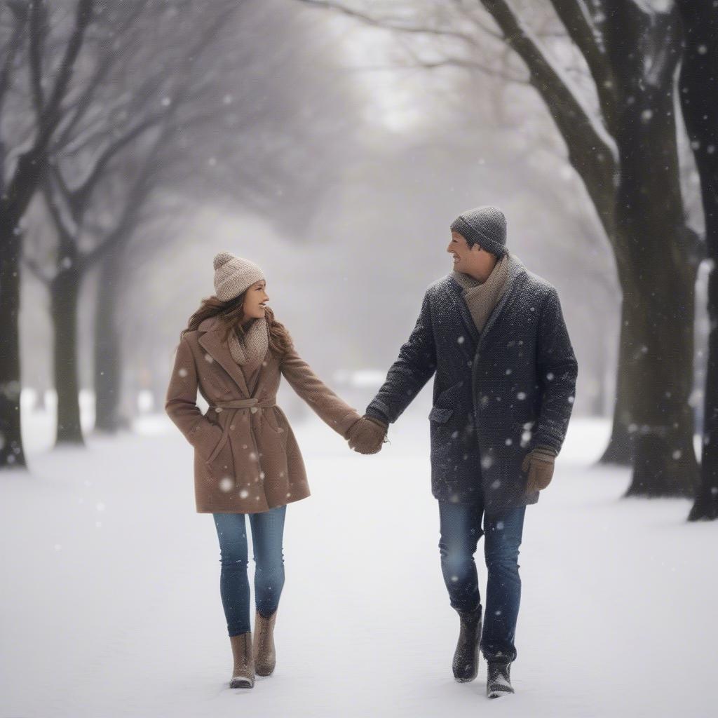 Couple walking in a snow-covered park