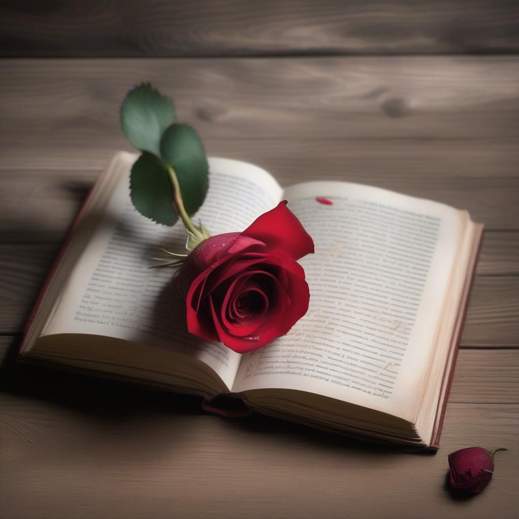 Open book of Spanish love poems with a single red rose.