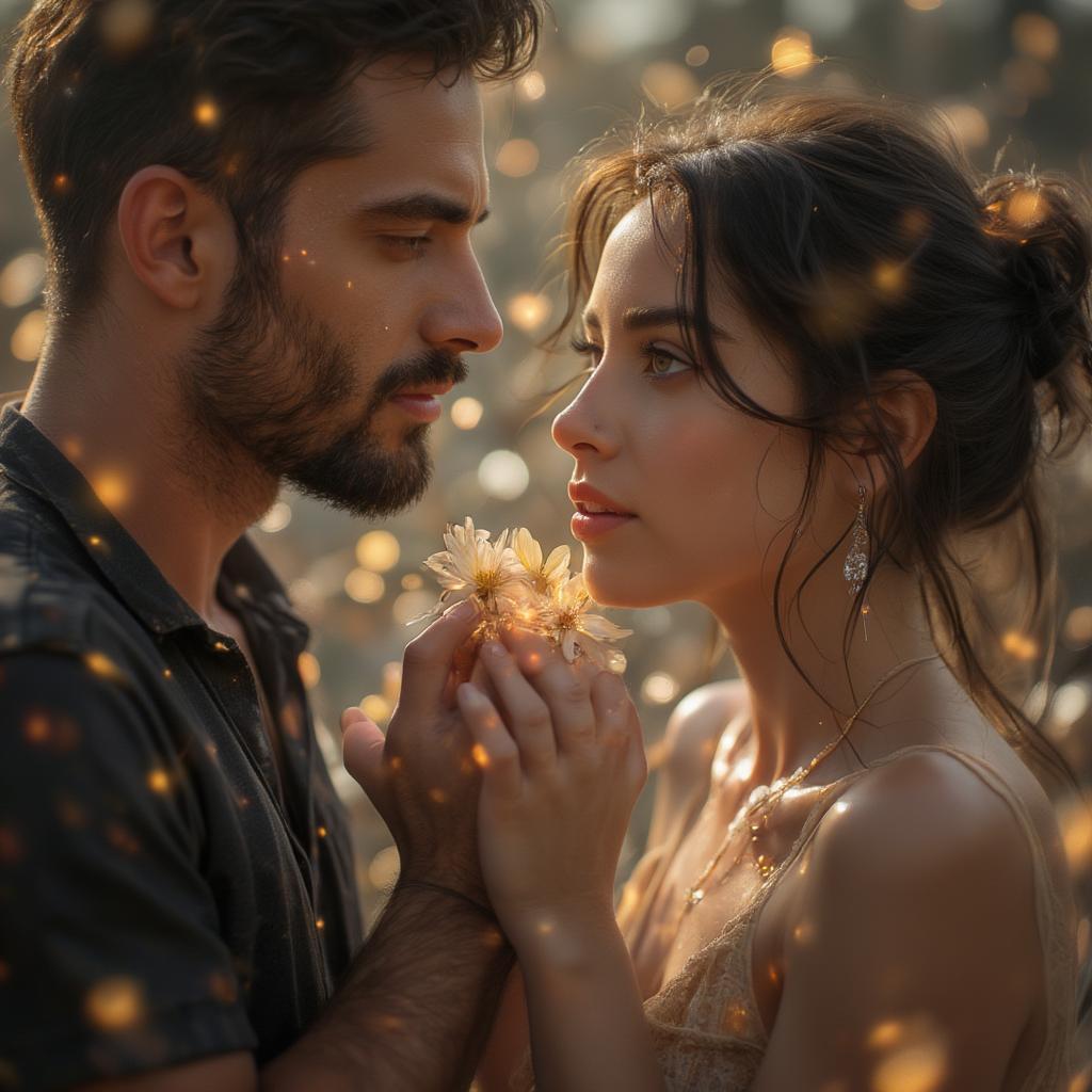 Couple holding hands, gazing into each other's eyes, a soft light illuminating them, symbolizing the spiritual connection fostered by love.