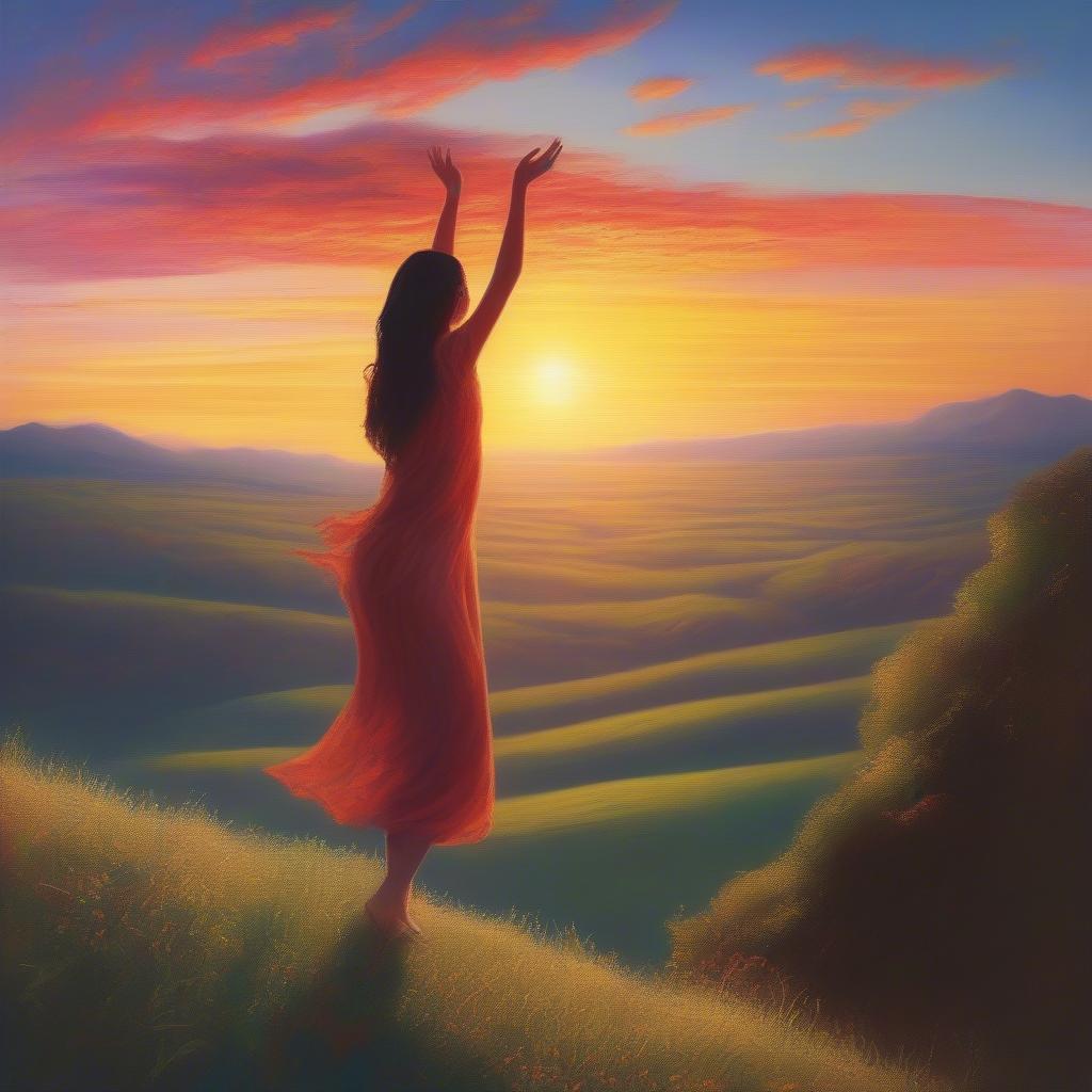 Emerging Stronger: A woman stands on a hilltop, silhouetted against a sunrise, representing newfound strength and resilience after overcoming betrayal.