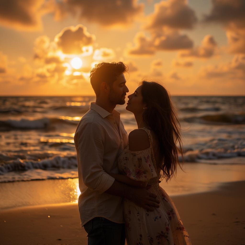 Couple Embracing on a Beach at Sunset