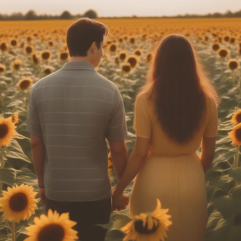 Couple Admiring Sunflowers with a Love Quote Overlay