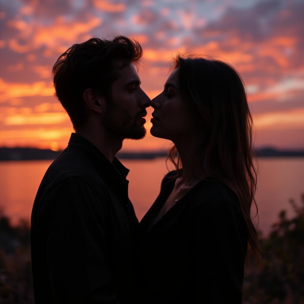 Silhouette of a couple kissing at sunset